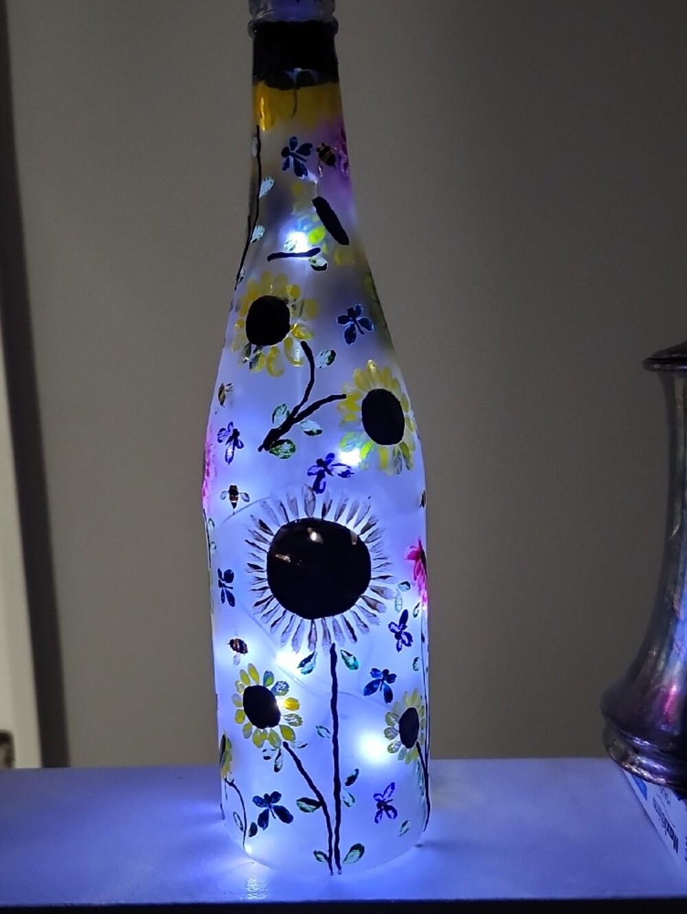 Hand-Painted Floral Glass Bottle Lamp - Yellow Sunflower Design